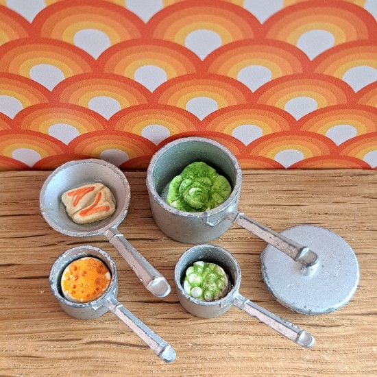 Dol Toi Dolls House 3 Metal Saucepans - 1 Large & 2 Small & Frypan