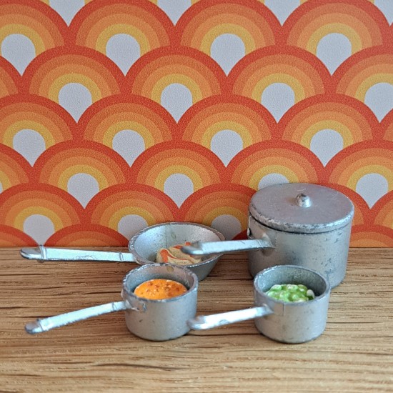 Dol Toi Dolls House 3 Metal Saucepans - 1 Large & 2 Small & Frypan
