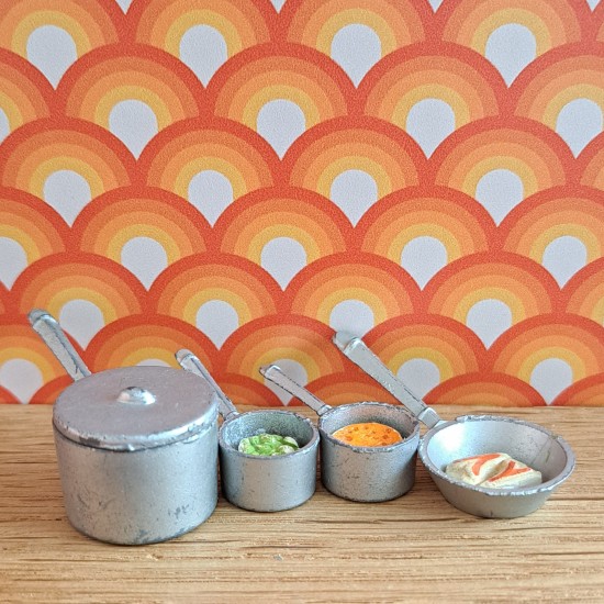 Dol Toi Dolls House 3 Metal Saucepans - 1 Large & 2 Small & Frypan