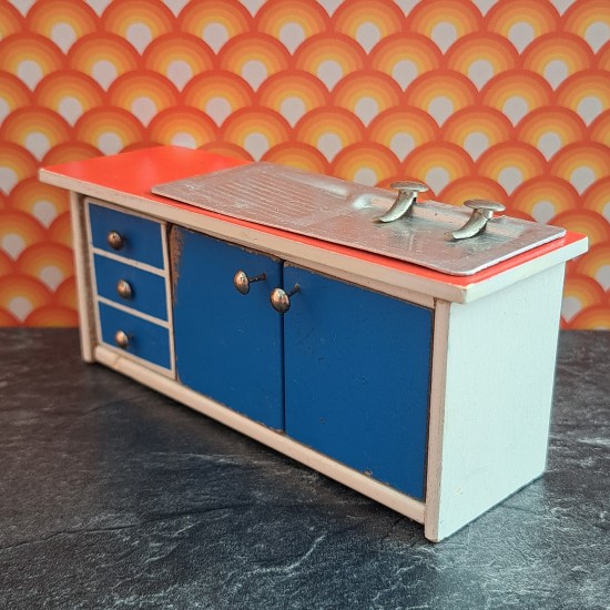 Lisa Of Denmark Dolls House Kitchen - Blue & Red Sink Cabinet 241