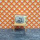 Lundby Dolls House Television - On Wooden Table Stand With A Cat Playing 5194